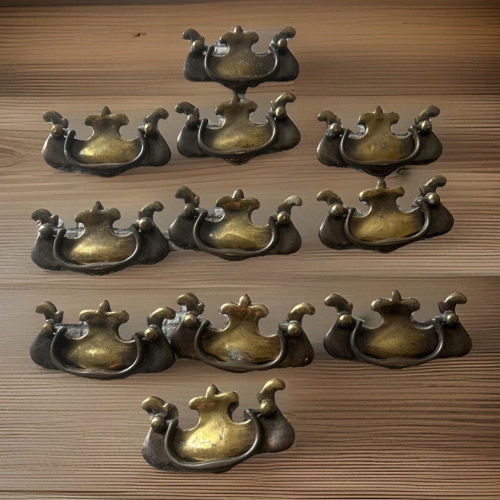 11 Brass Drawer Swing Handle Pulls Chippendale Batwing Antique Hardware W/Screws